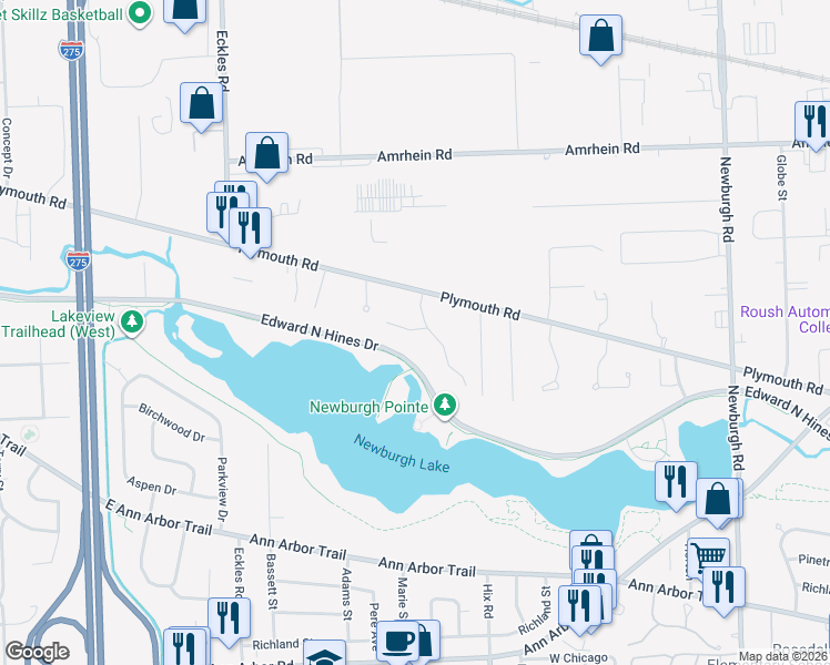 map of restaurants, bars, coffee shops, grocery stores, and more near 37507-39399 Edward N Hines Dr in Livonia