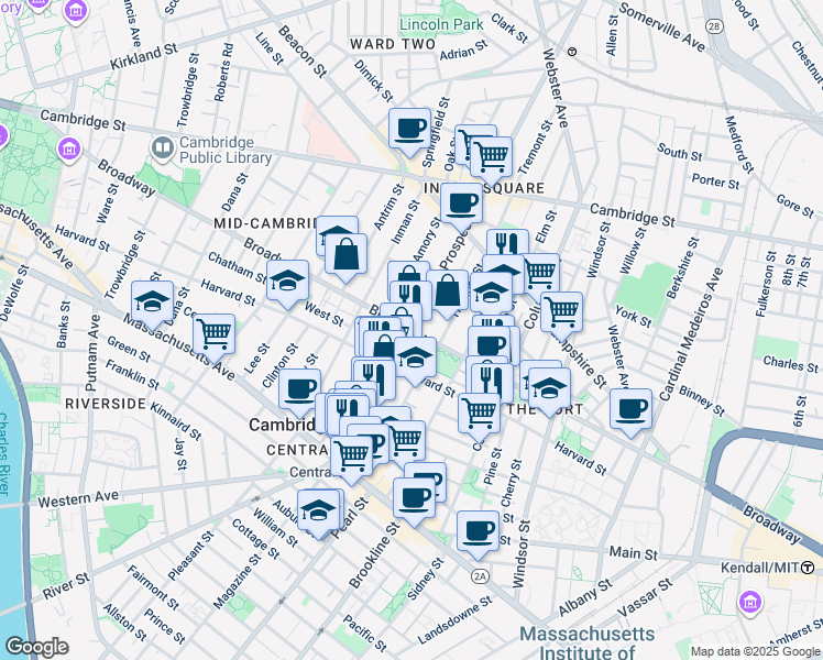 map of restaurants, bars, coffee shops, grocery stores, and more near Broadway & Prospect St in Cambridge