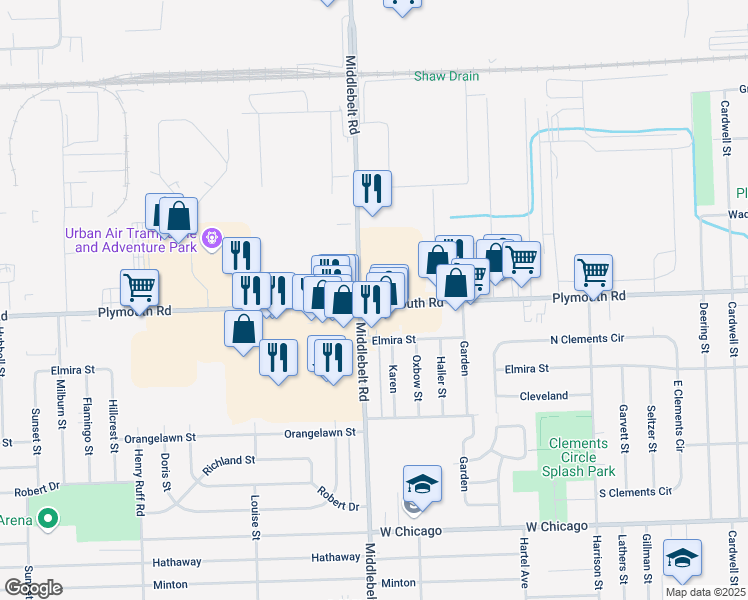 map of restaurants, bars, coffee shops, grocery stores, and more near 11700 Middlebelt Road in Livonia