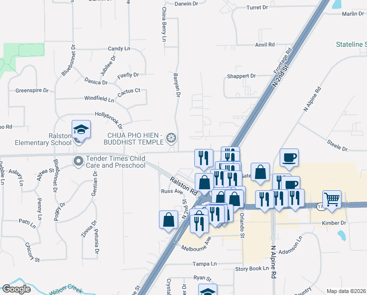 map of restaurants, bars, coffee shops, grocery stores, and more near 10337 Banyan Drive in Machesney Park
