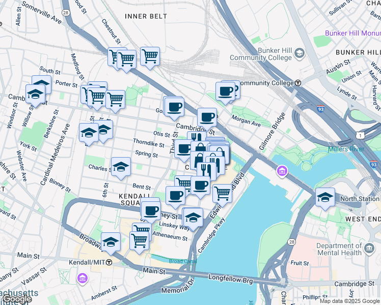 map of restaurants, bars, coffee shops, grocery stores, and more near 30 Spring Street in Cambridge