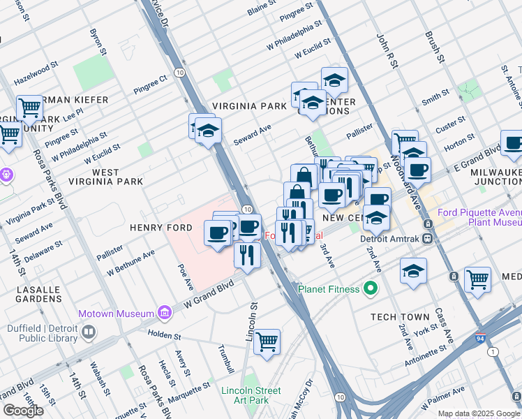 map of restaurants, bars, coffee shops, grocery stores, and more near 880 Seville Row in Detroit