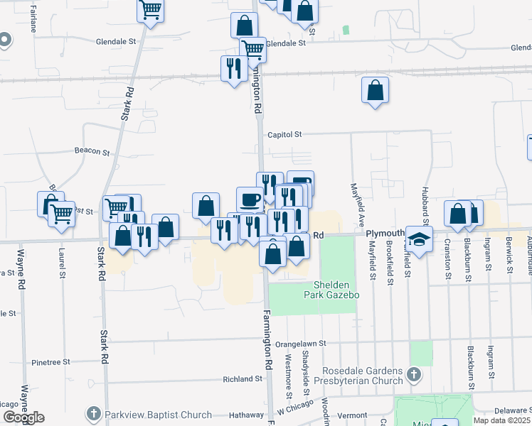 map of restaurants, bars, coffee shops, grocery stores, and more near 11766 Farmington Road in Livonia