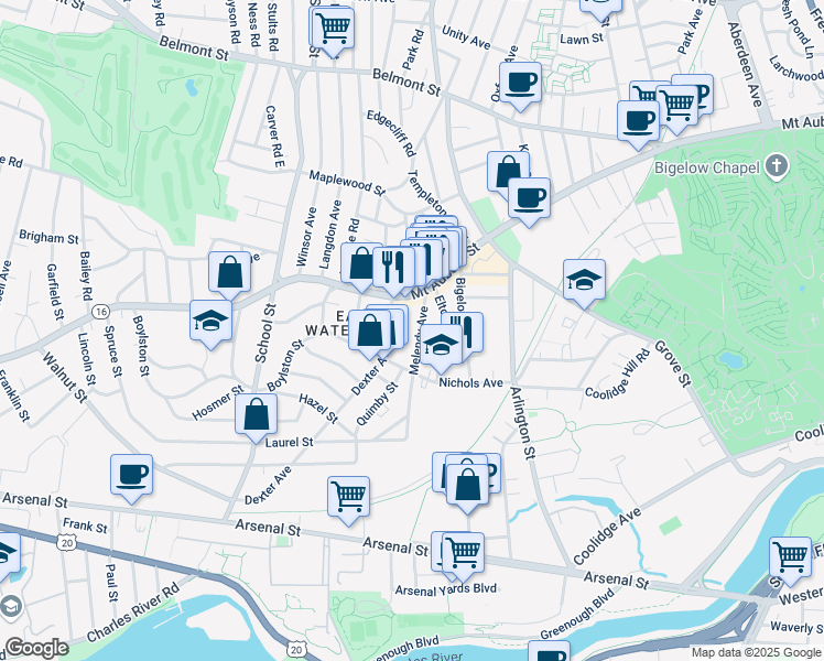 map of restaurants, bars, coffee shops, grocery stores, and more near in Watertown