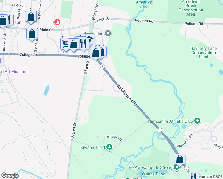 map of restaurants, bars, coffee shops, grocery stores, and more near 133 Belchertown Road in Amherst