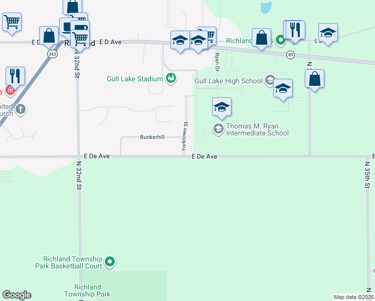 map of restaurants, bars, coffee shops, grocery stores, and more near 9443 East De Avenue in Richland