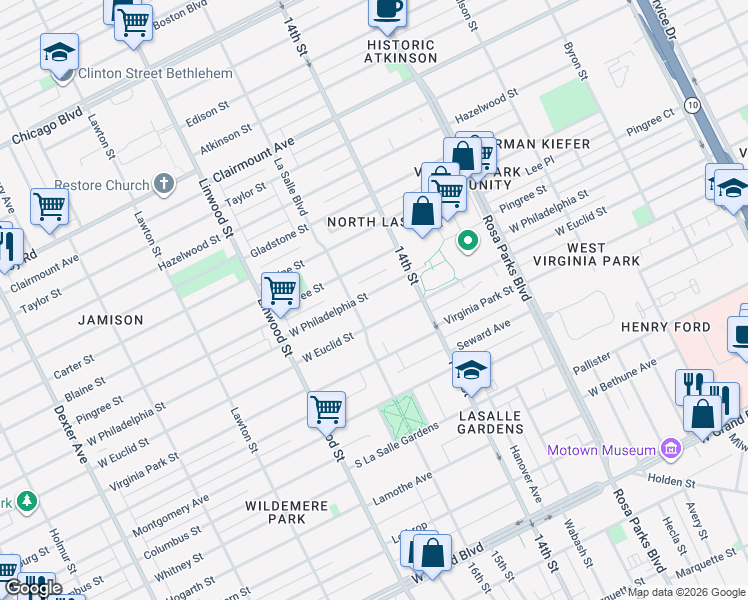 map of restaurants, bars, coffee shops, grocery stores, and more near 8430 La Salle Boulevard in Detroit
