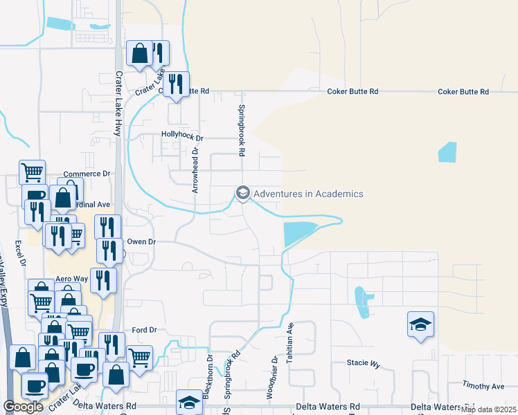 map of restaurants, bars, coffee shops, grocery stores, and more near 1718 Dragon Tail Place in Medford