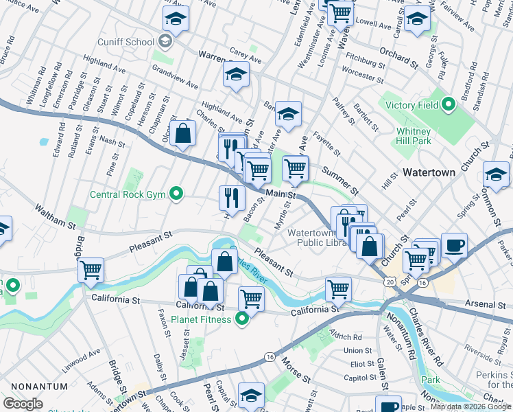 map of restaurants, bars, coffee shops, grocery stores, and more near 24 Bacon Street in Watertown
