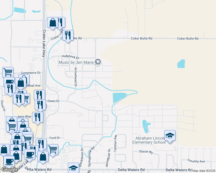 map of restaurants, bars, coffee shops, grocery stores, and more near 1718 Dragon Tail Place in Medford