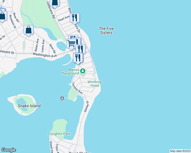 map of restaurants, bars, coffee shops, grocery stores, and more near 25 Faunbar Avenue in Winthrop