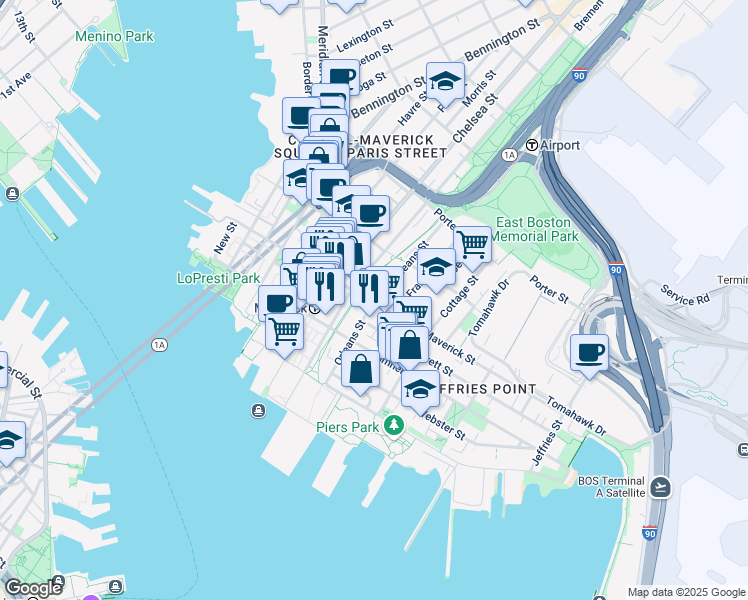 map of restaurants, bars, coffee shops, grocery stores, and more near 89 Orleans Street in Boston