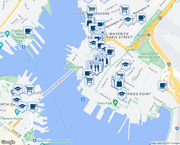 map of restaurants, bars, coffee shops, grocery stores, and more near 9-11 Maverick Square in Boston