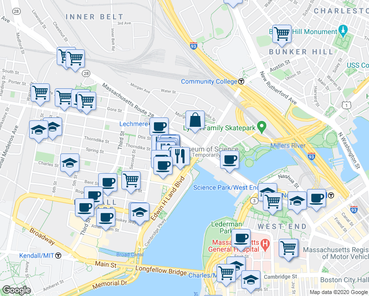 map of restaurants, bars, coffee shops, grocery stores, and more near in Cambridge
