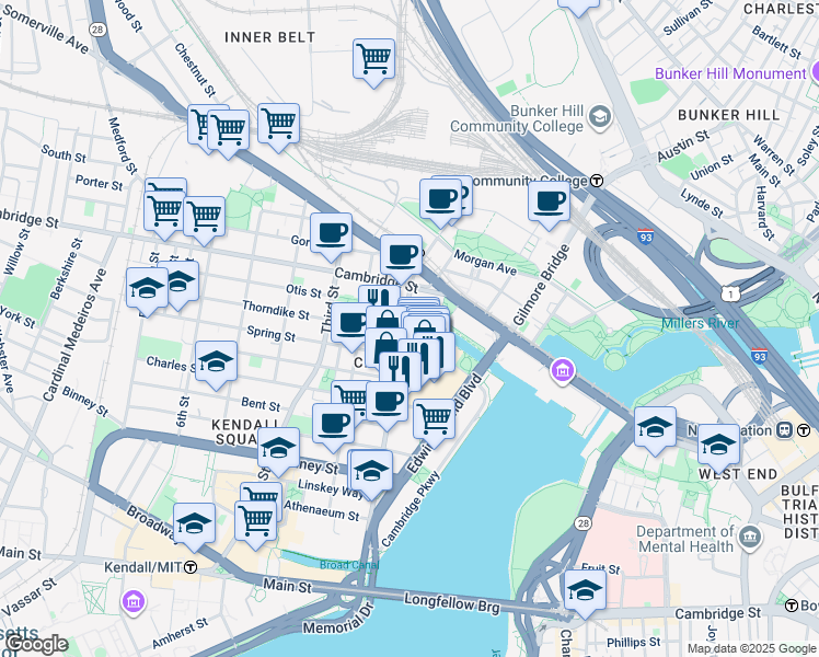 map of restaurants, bars, coffee shops, grocery stores, and more near in Cambridge