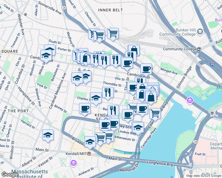 map of restaurants, bars, coffee shops, grocery stores, and more near 100 Sciarappa Street in Cambridge