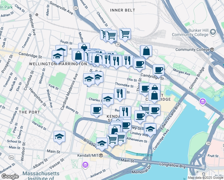 map of restaurants, bars, coffee shops, grocery stores, and more near 123 Spring Street in Cambridge