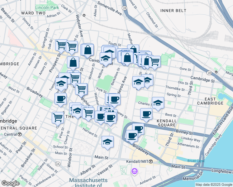 map of restaurants, bars, coffee shops, grocery stores, and more near 14 Vandine Street in Cambridge