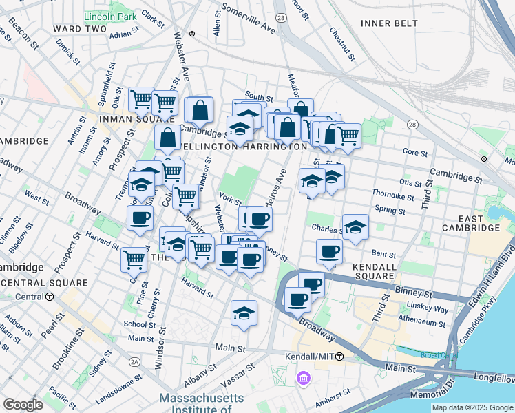 map of restaurants, bars, coffee shops, grocery stores, and more near 14 Vandine Street in Cambridge
