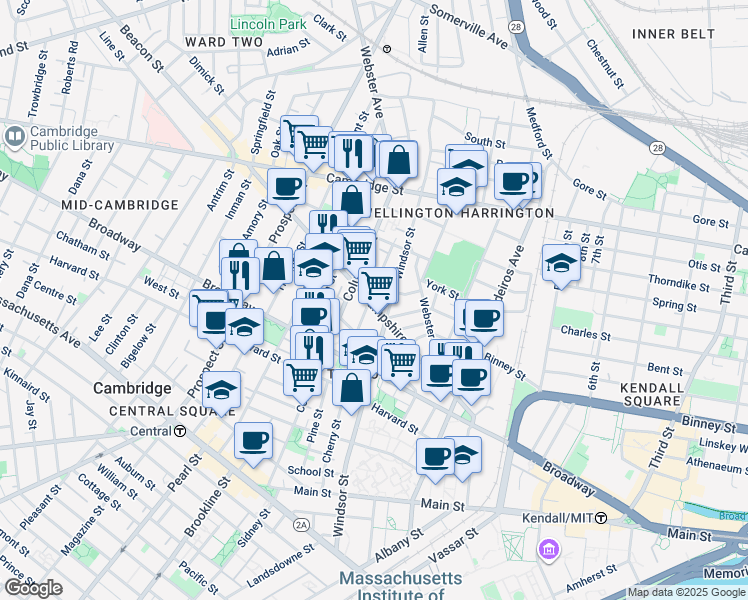 map of restaurants, bars, coffee shops, grocery stores, and more near 100 Hampshire Street in Cambridge