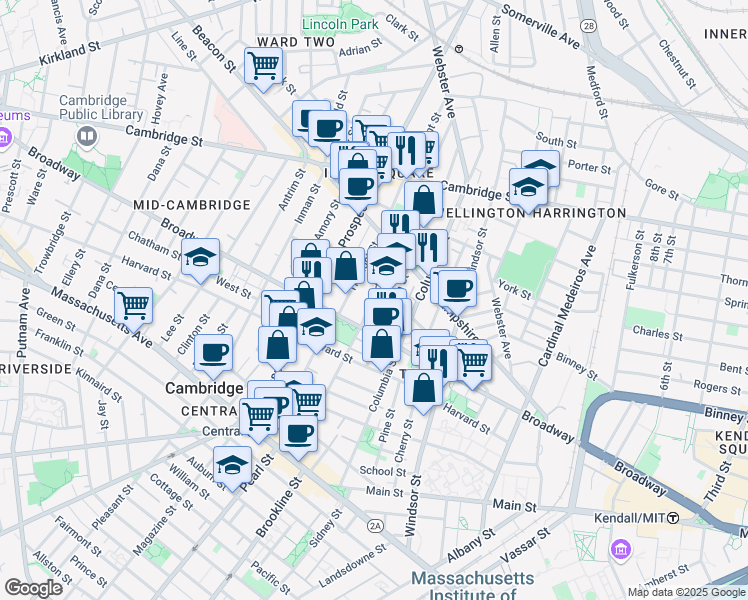 map of restaurants, bars, coffee shops, grocery stores, and more near 198-200 Norfolk Street in Cambridge