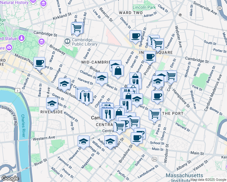 map of restaurants, bars, coffee shops, grocery stores, and more near 17 Bigelow Street in Cambridge