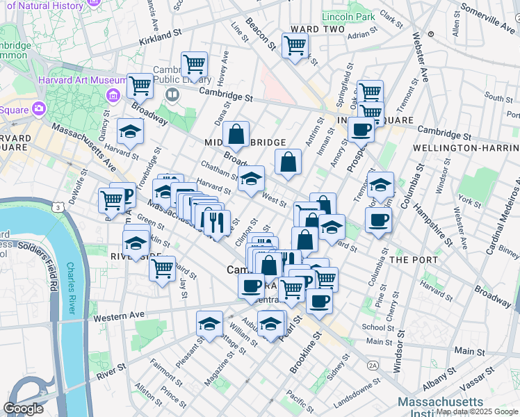 map of restaurants, bars, coffee shops, grocery stores, and more near in Cambridge