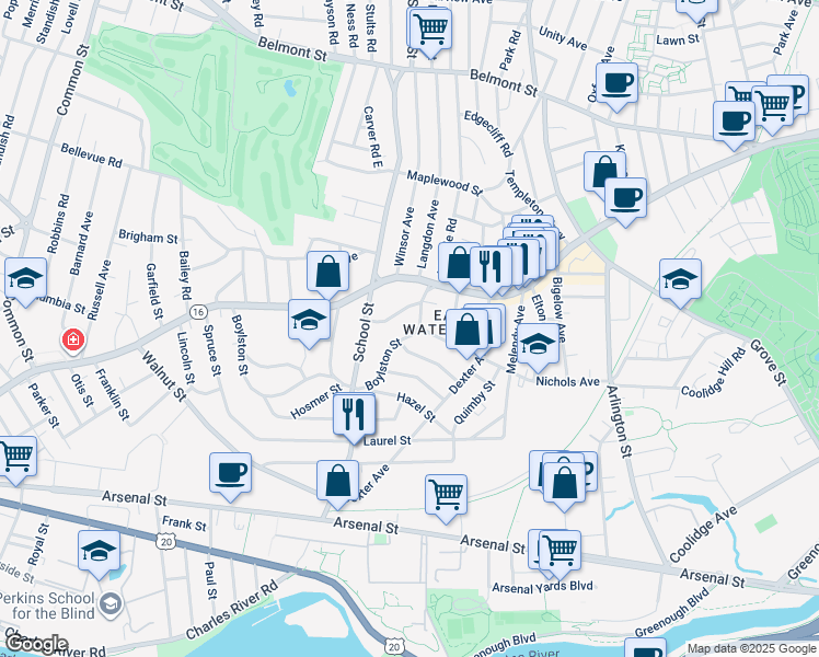map of restaurants, bars, coffee shops, grocery stores, and more near 156 Nichols Avenue in Watertown