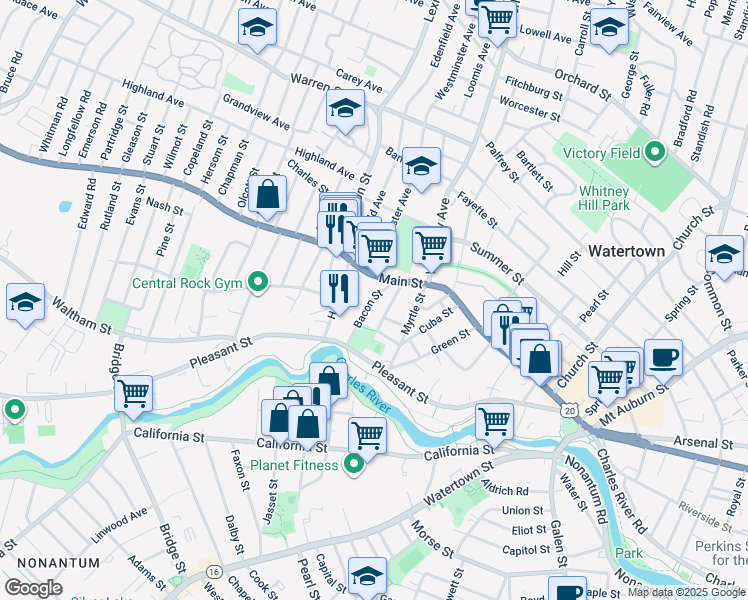 map of restaurants, bars, coffee shops, grocery stores, and more near 26 French Street in Watertown