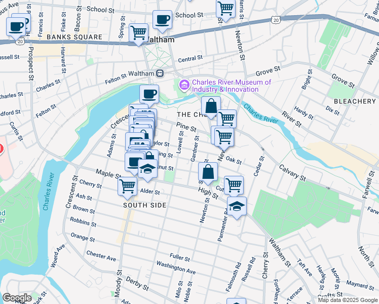 map of restaurants, bars, coffee shops, grocery stores, and more near 79 Cushing Street in Waltham