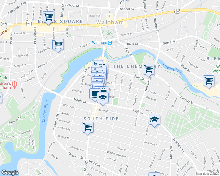 map of restaurants, bars, coffee shops, grocery stores, and more near 49 Hall Street in Waltham