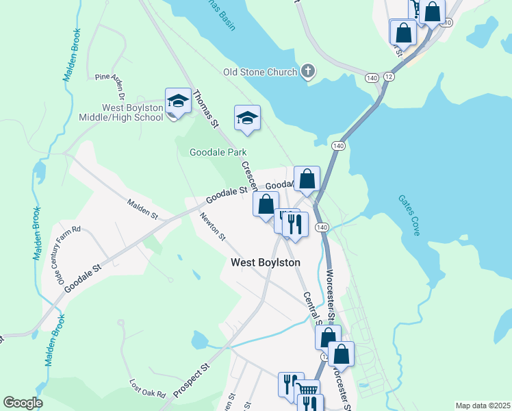 map of restaurants, bars, coffee shops, grocery stores, and more near 18 Crescent Street in West Boylston