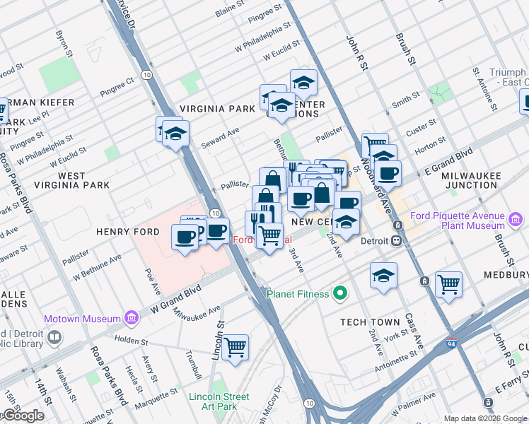 map of restaurants, bars, coffee shops, grocery stores, and more near 7373 3rd Avenue in Detroit