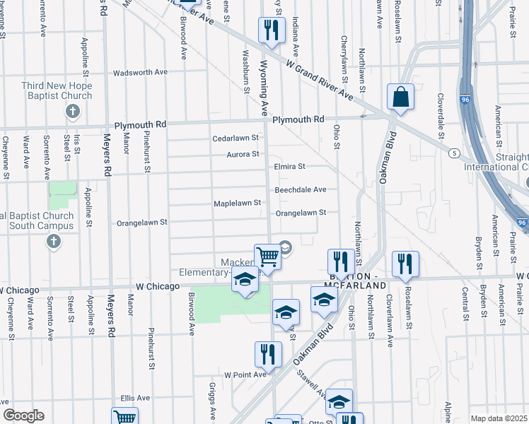 map of restaurants, bars, coffee shops, grocery stores, and more near 9833 Wyoming Avenue in Detroit