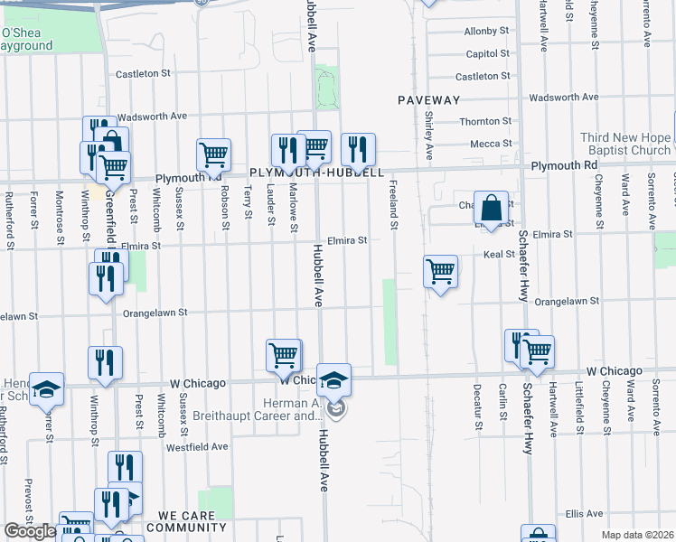 map of restaurants, bars, coffee shops, grocery stores, and more near 9951 Strathmoor Street in Detroit
