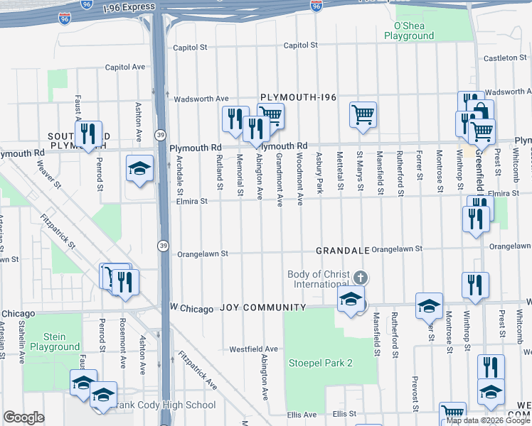 map of restaurants, bars, coffee shops, grocery stores, and more near 9995 Abington Avenue in Detroit