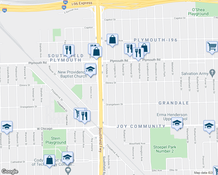 map of restaurants, bars, coffee shops, grocery stores, and more near 9996 Archdale Street in Detroit