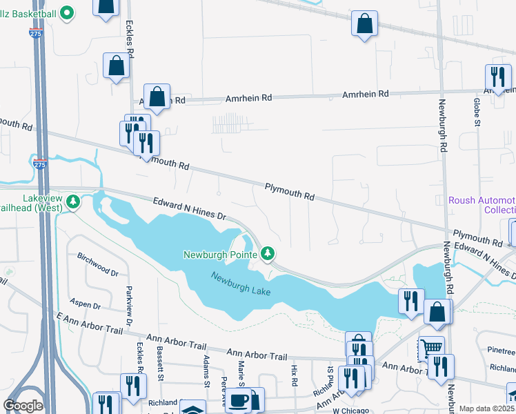 map of restaurants, bars, coffee shops, grocery stores, and more near 11569 Plymouth Woods Drive in Livonia