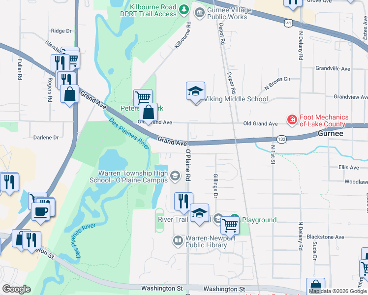 map of restaurants, bars, coffee shops, grocery stores, and more near 604 County W20 in Gurnee