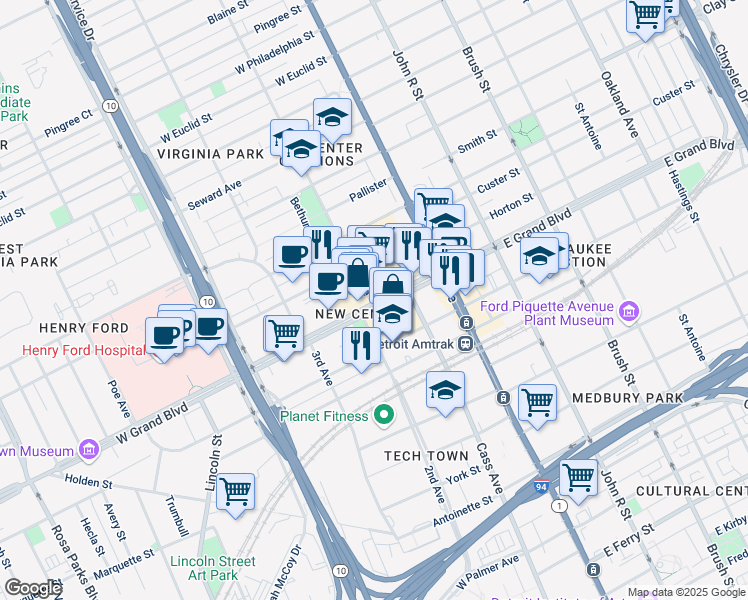 map of restaurants, bars, coffee shops, grocery stores, and more near 3011 West Grand Boulevard in Detroit