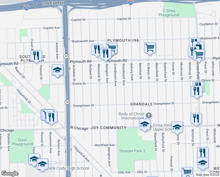 map of restaurants, bars, coffee shops, grocery stores, and more near 9995 Abington Avenue in Detroit