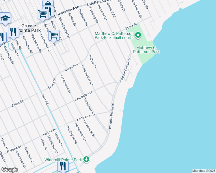 map of restaurants, bars, coffee shops, grocery stores, and more near 688 Balfour Street in Grosse Pointe Park