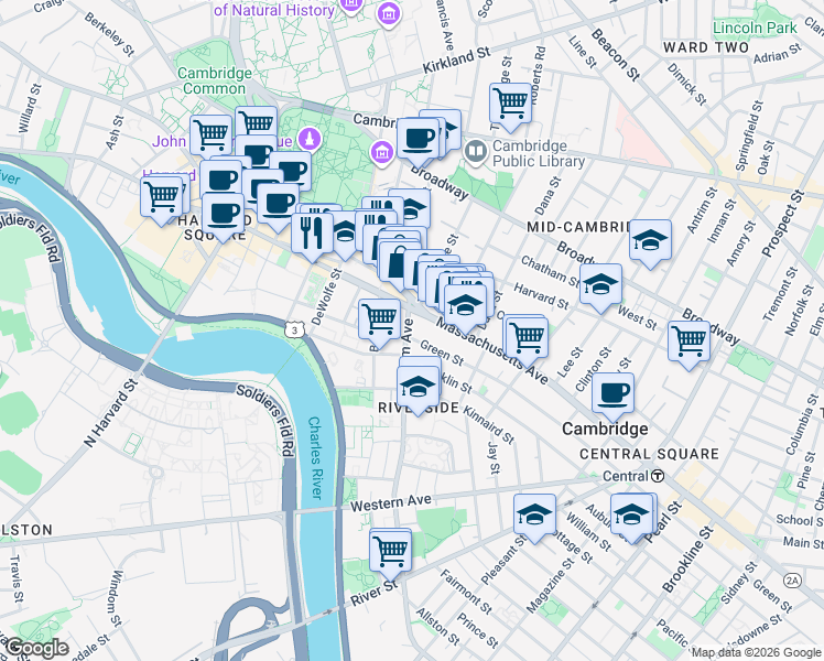 map of restaurants, bars, coffee shops, grocery stores, and more near 22 Putnam Ave in Mid-Cambridge