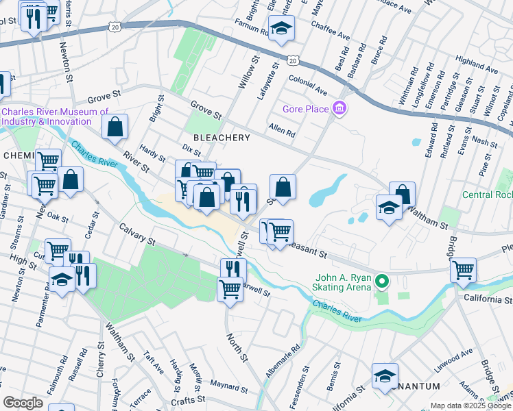 map of restaurants, bars, coffee shops, grocery stores, and more near 66 Seyon Street in Waltham