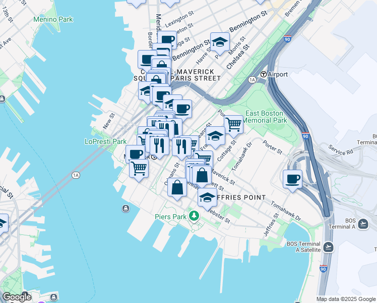 map of restaurants, bars, coffee shops, grocery stores, and more near 89 Orleans Street in Boston
