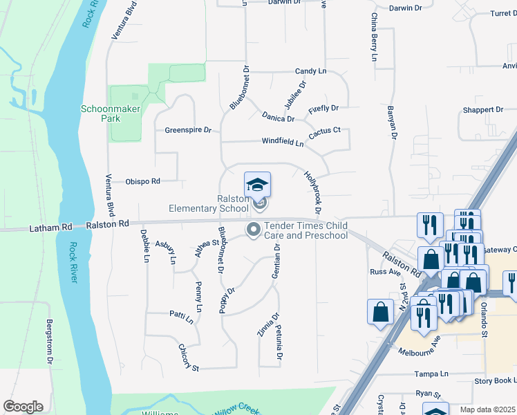 map of restaurants, bars, coffee shops, grocery stores, and more near 710 Ralston Road in Machesney Park