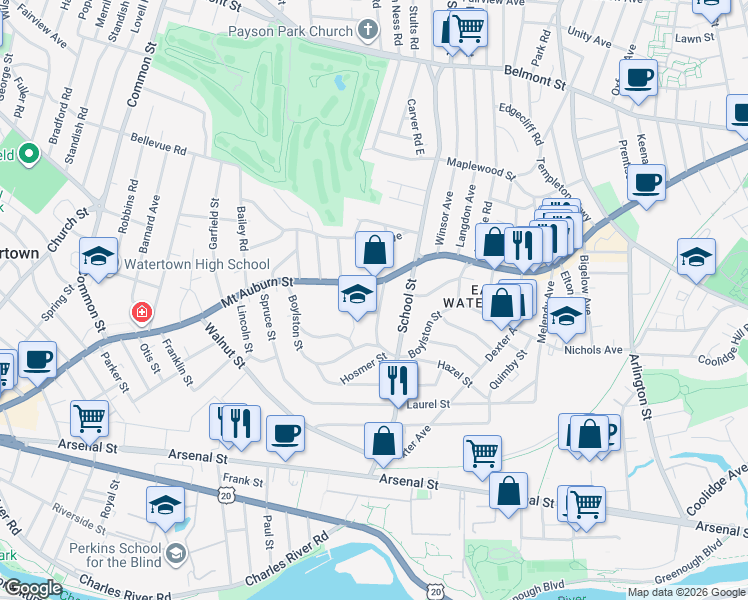 map of restaurants, bars, coffee shops, grocery stores, and more near 48 Hancock Street in Watertown