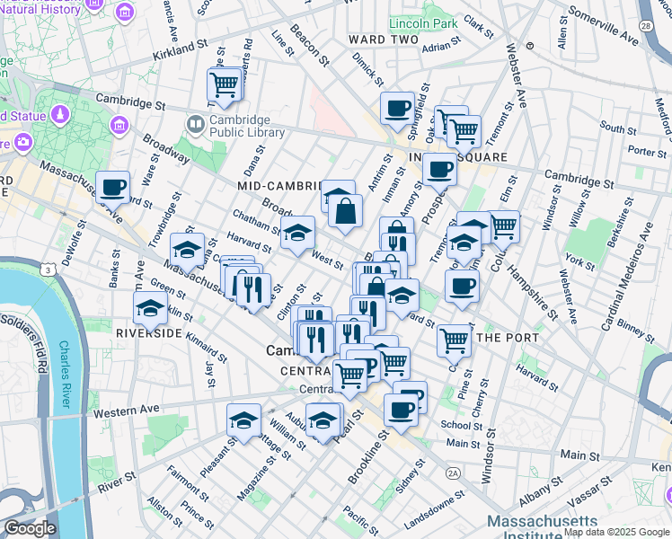 map of restaurants, bars, coffee shops, grocery stores, and more near 285 Harvard Street in Cambridge