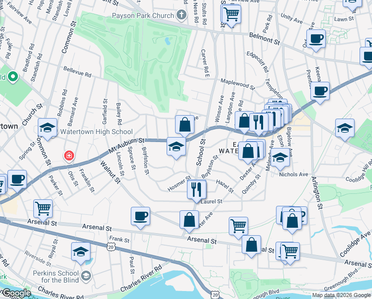 map of restaurants, bars, coffee shops, grocery stores, and more near 19 Chauncey Street in Watertown