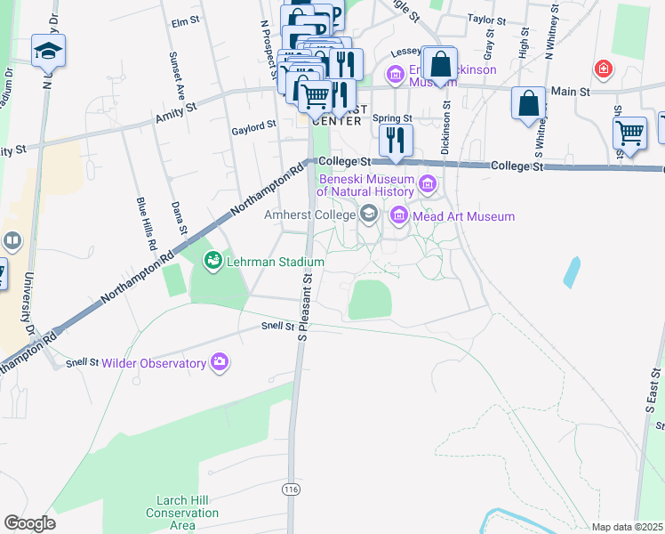 map of restaurants, bars, coffee shops, grocery stores, and more near 220 South Pleasant Street in Amherst